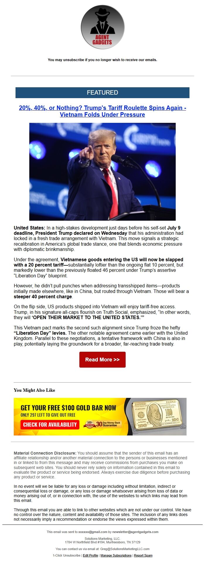 Screenshot of the email generated on import