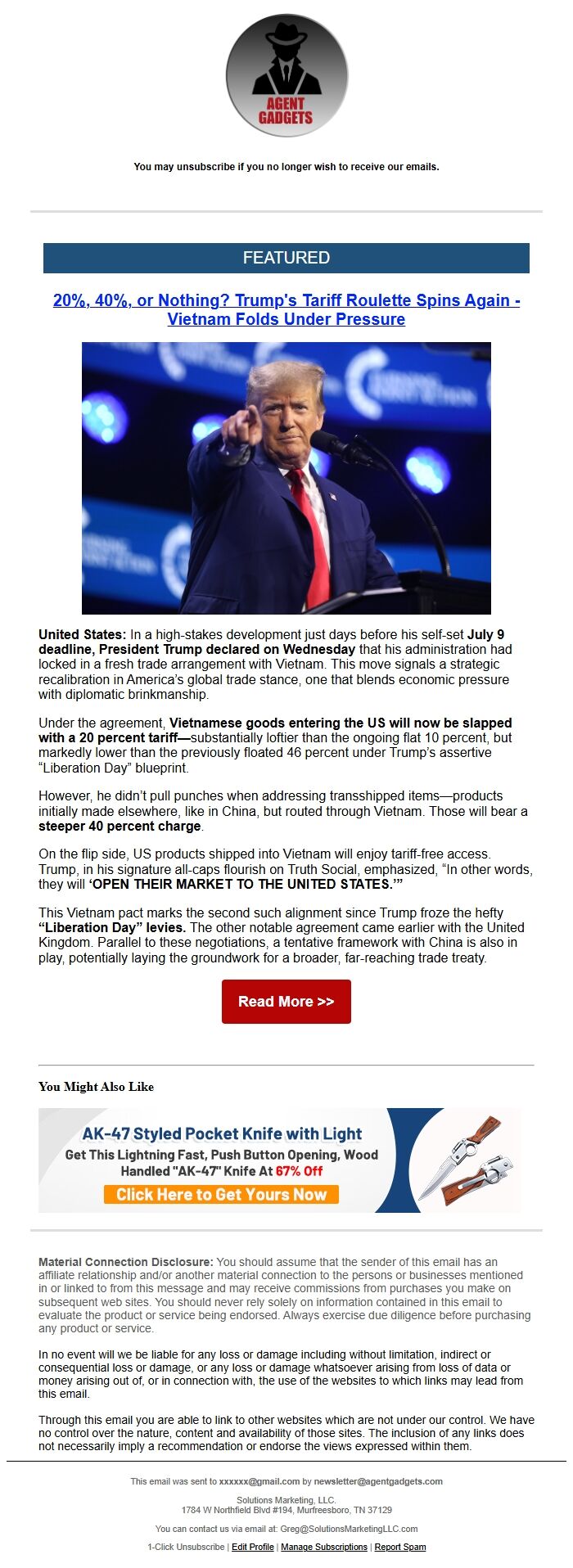 Screenshot of the email generated on import