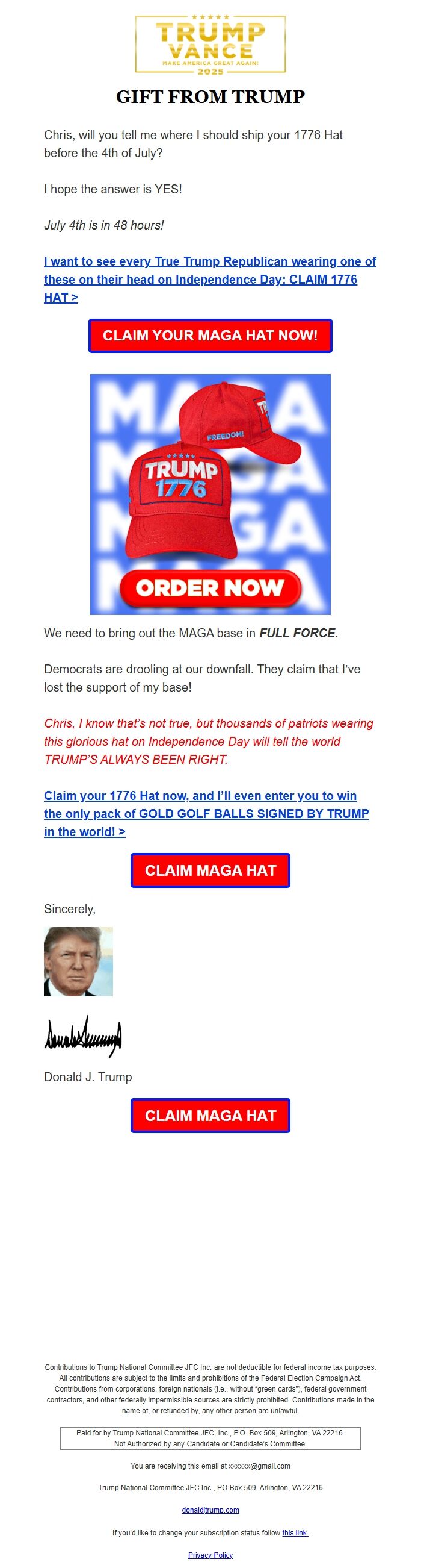 Screenshot of the email generated on import