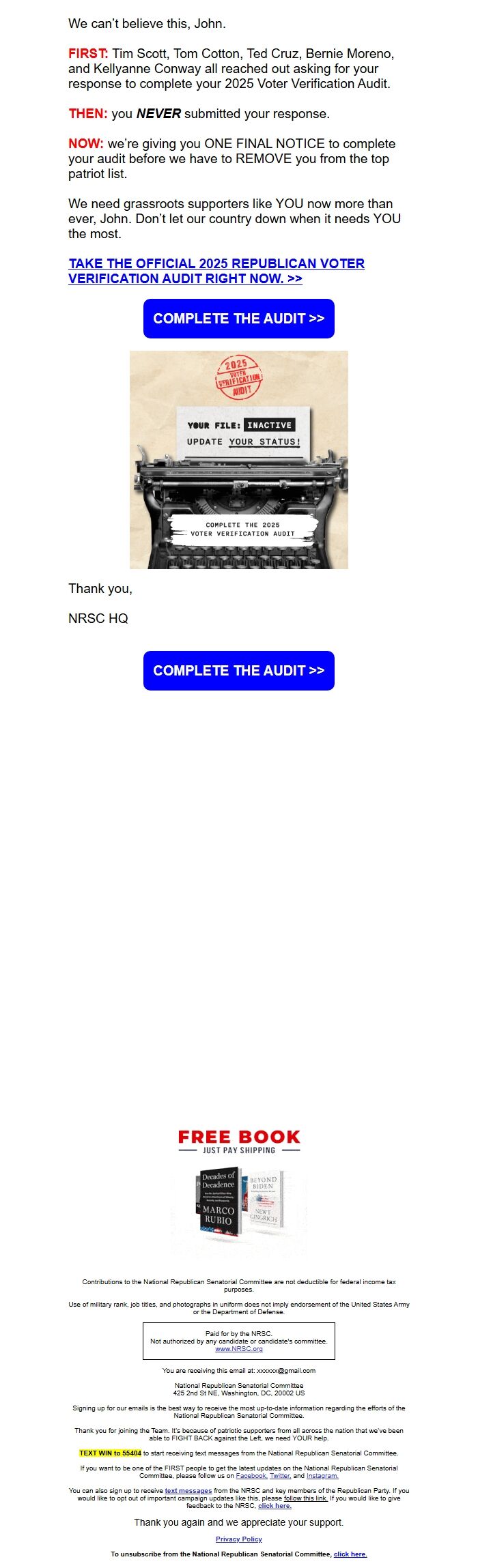 Screenshot of the email generated on import