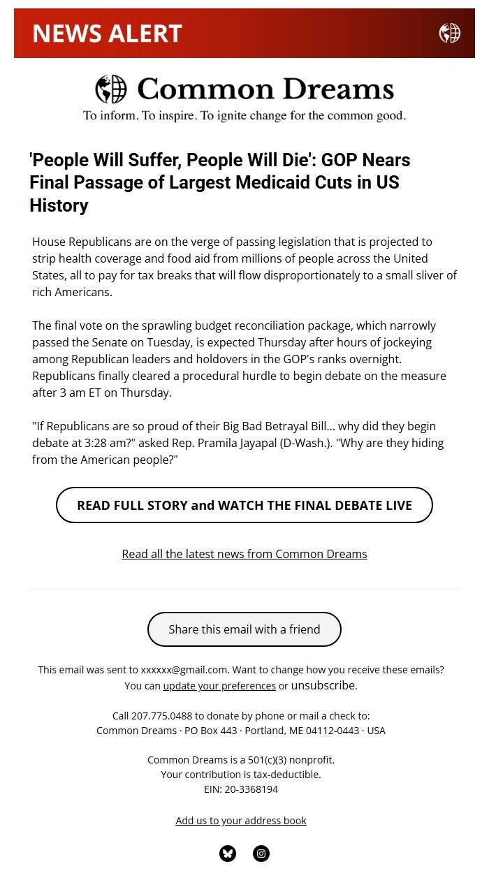 Screenshot of the email generated on import