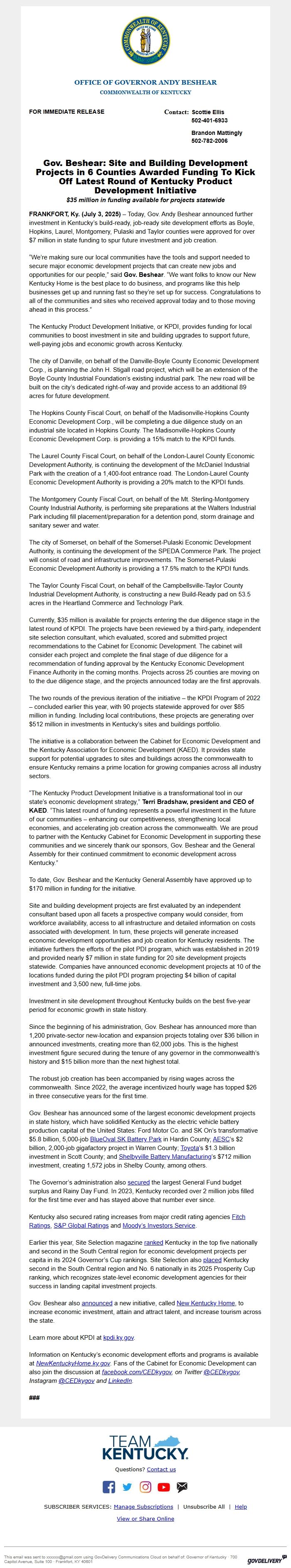 Screenshot of the email generated on import