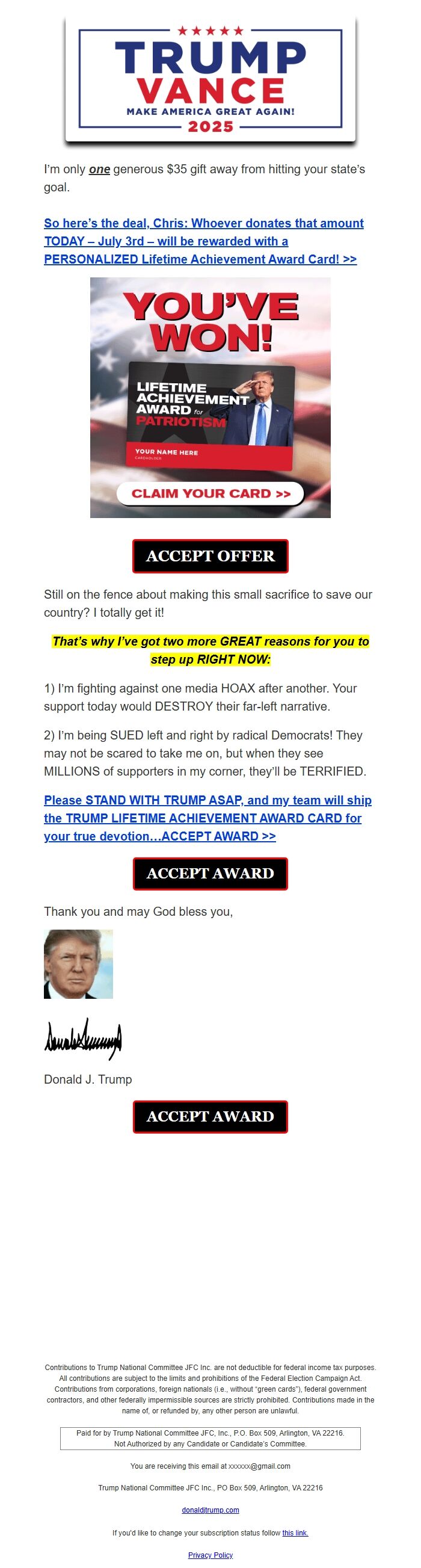 Screenshot of the email generated on import