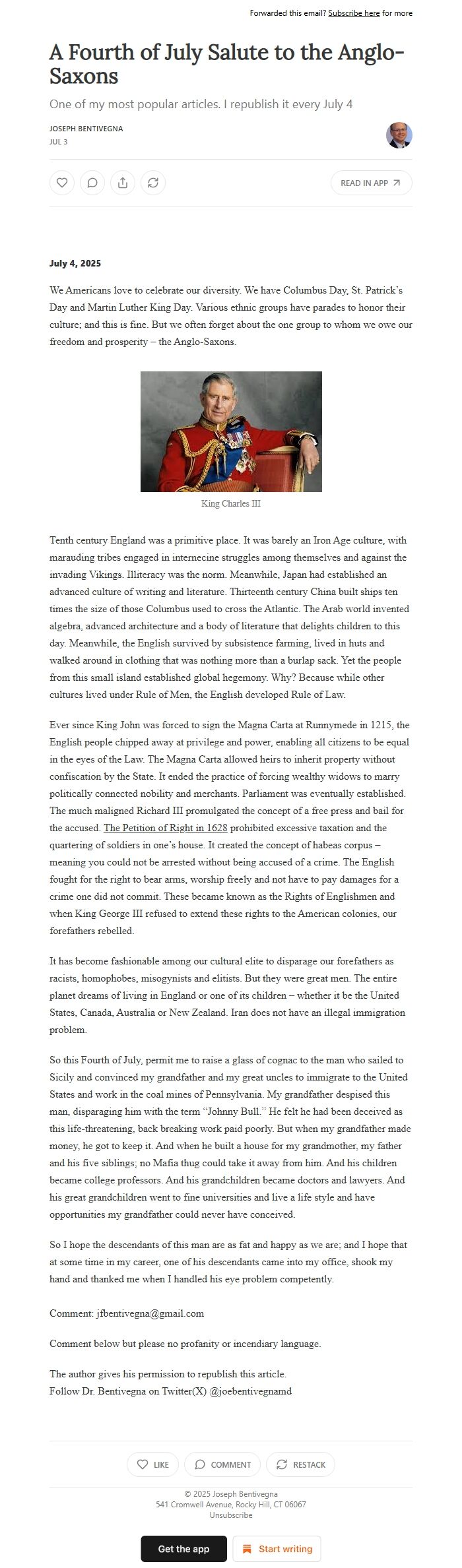 Screenshot of the email generated on import