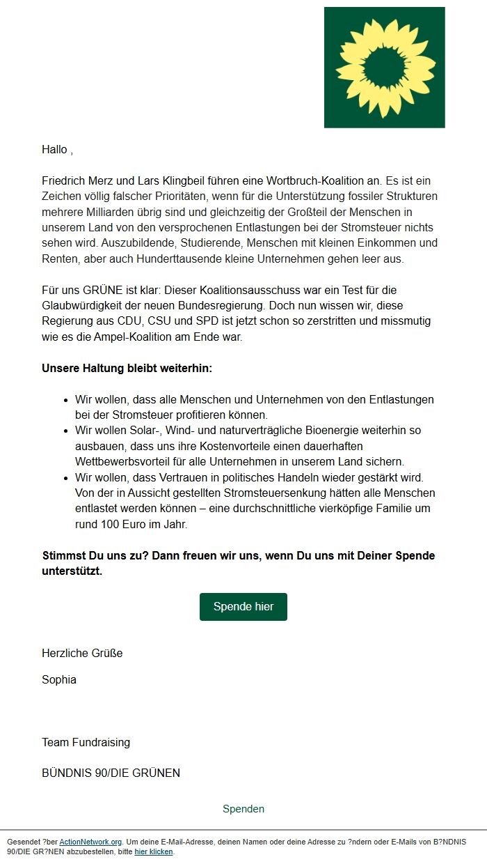 Screenshot of the email generated on import