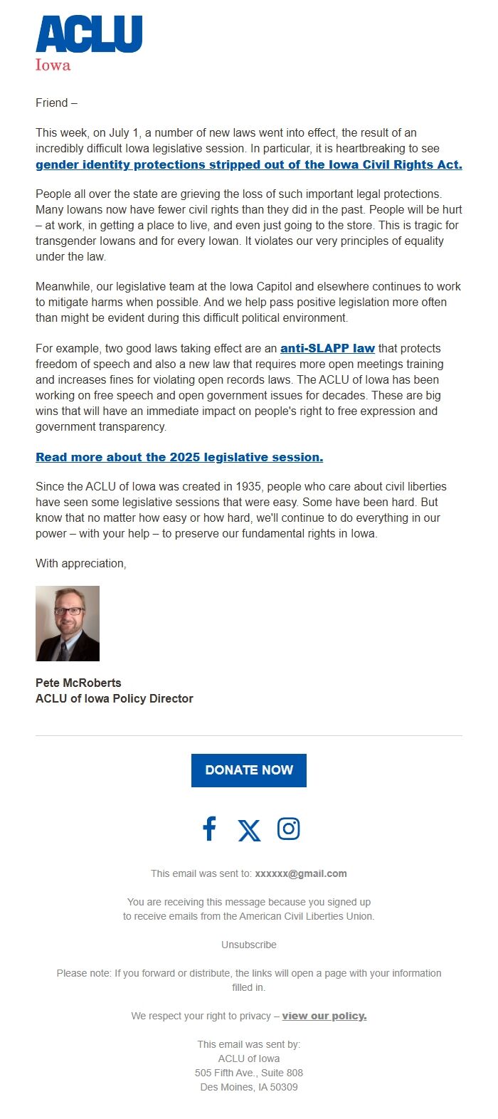 Screenshot of the email generated on import