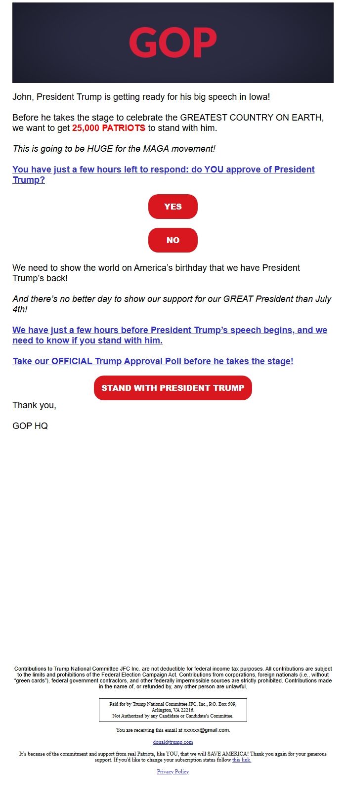 Screenshot of the email generated on import