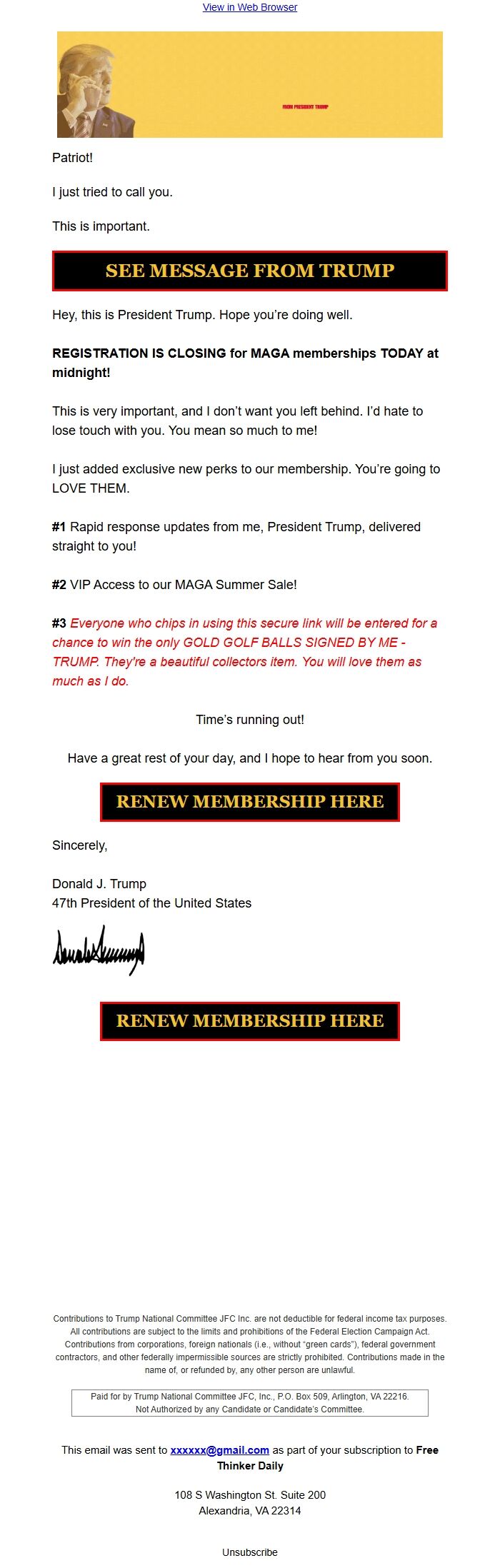 Screenshot of the email generated on import
