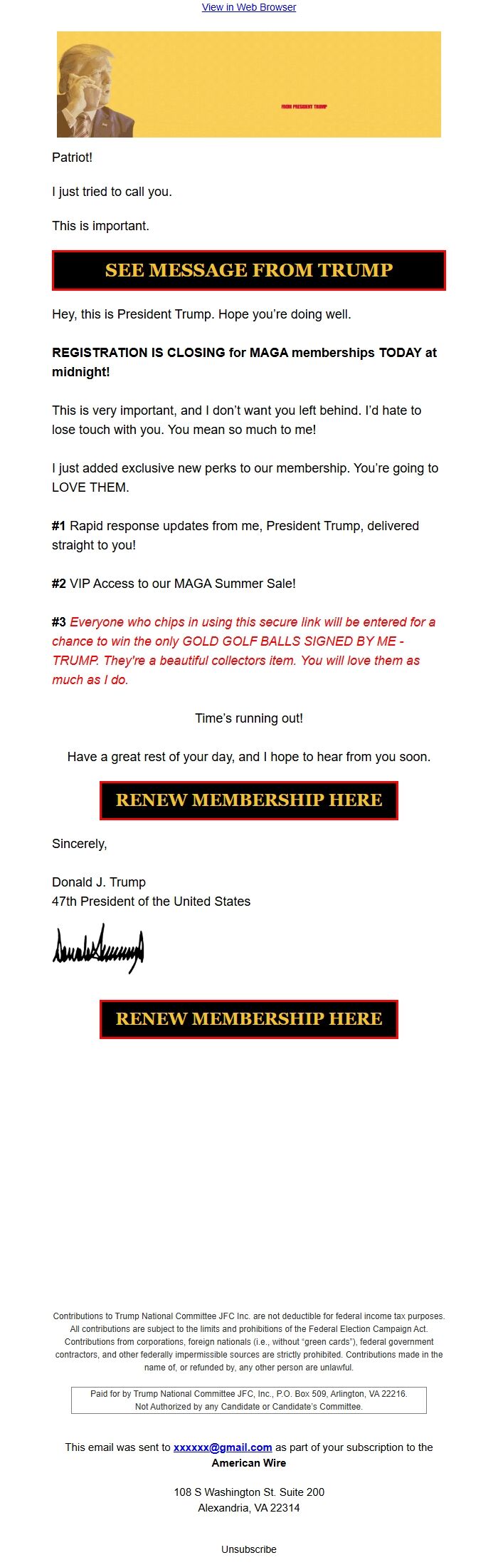 Screenshot of the email generated on import