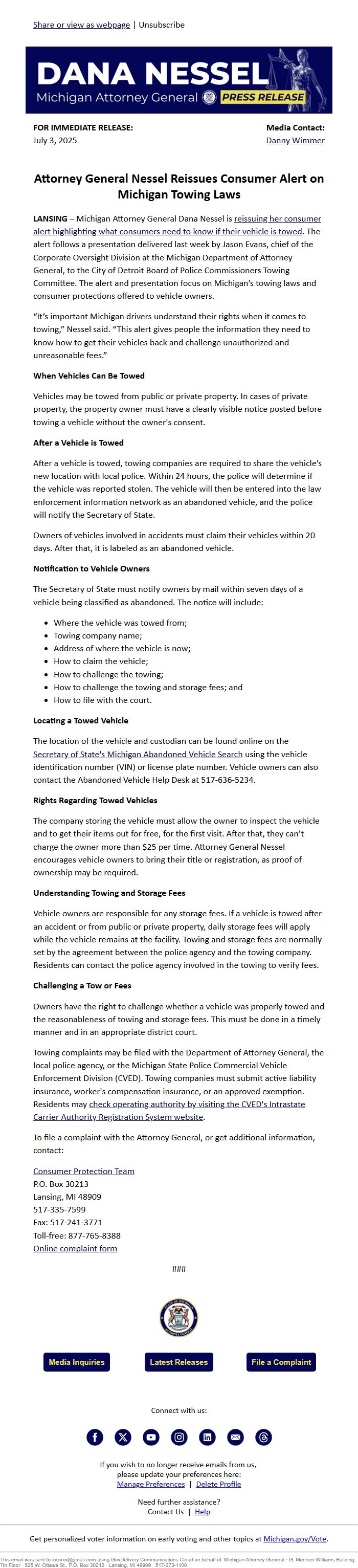 Screenshot of the email generated on import