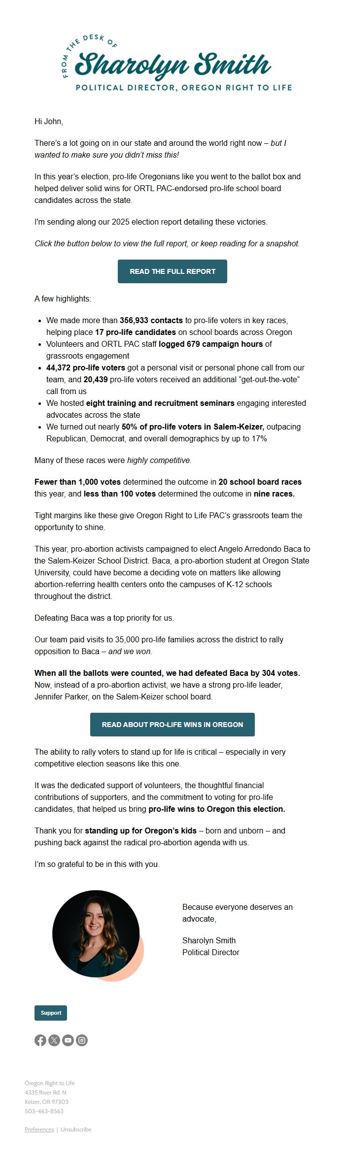 Screenshot of the email generated on import