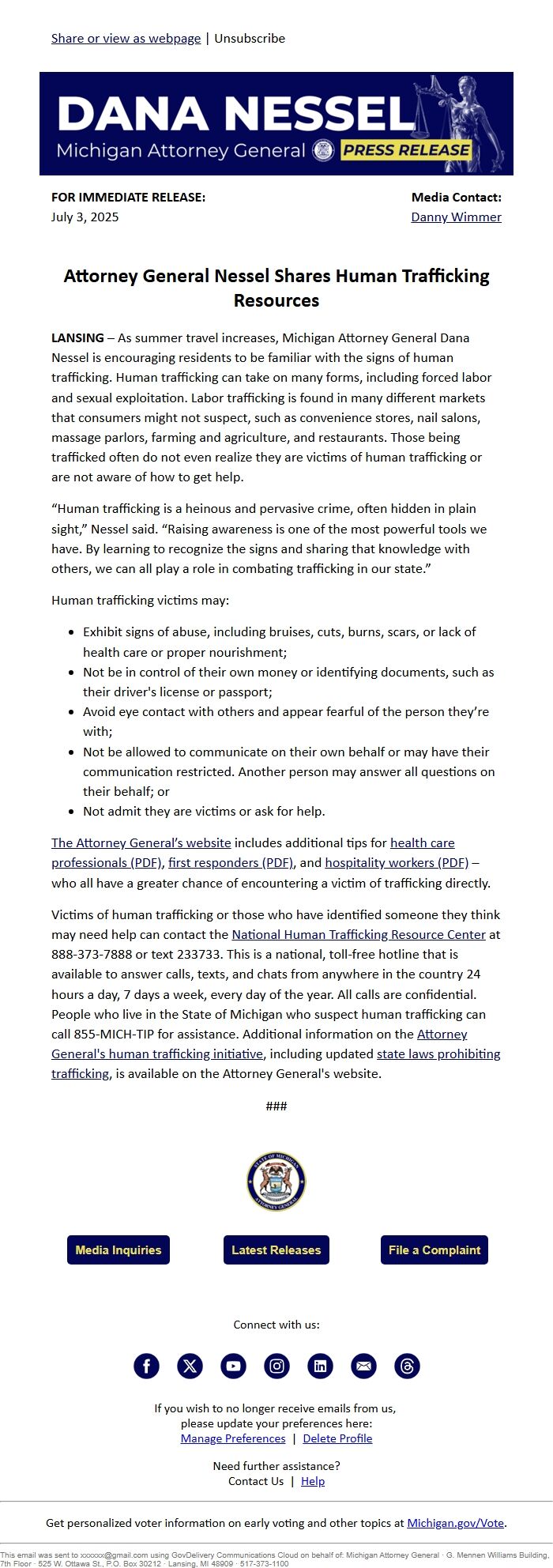 Screenshot of the email generated on import