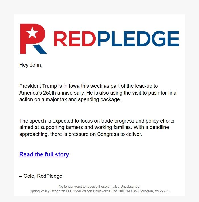 Screenshot of the email generated on import