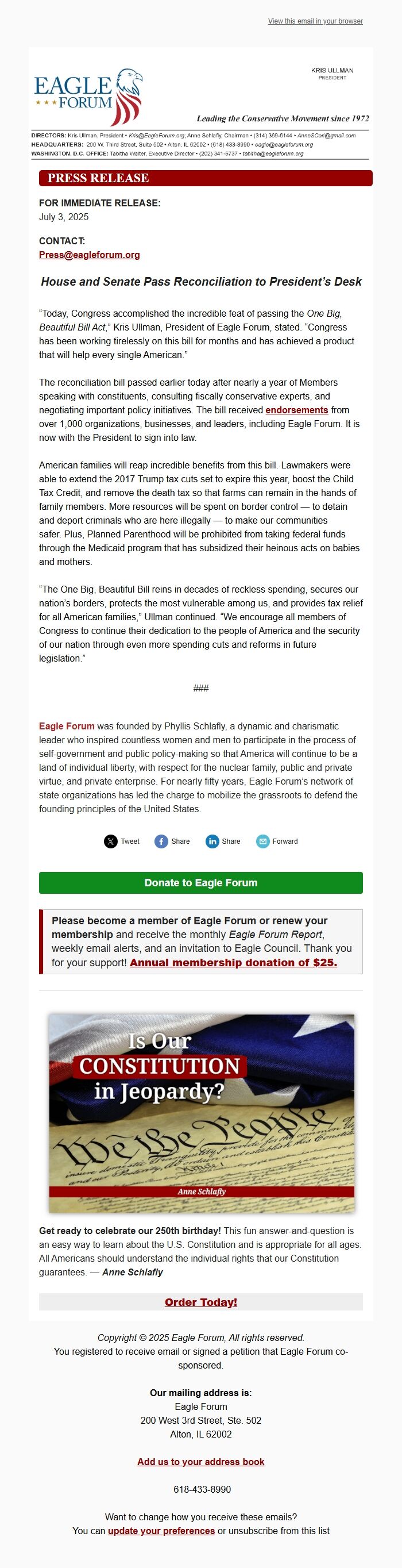 Screenshot of the email generated on import