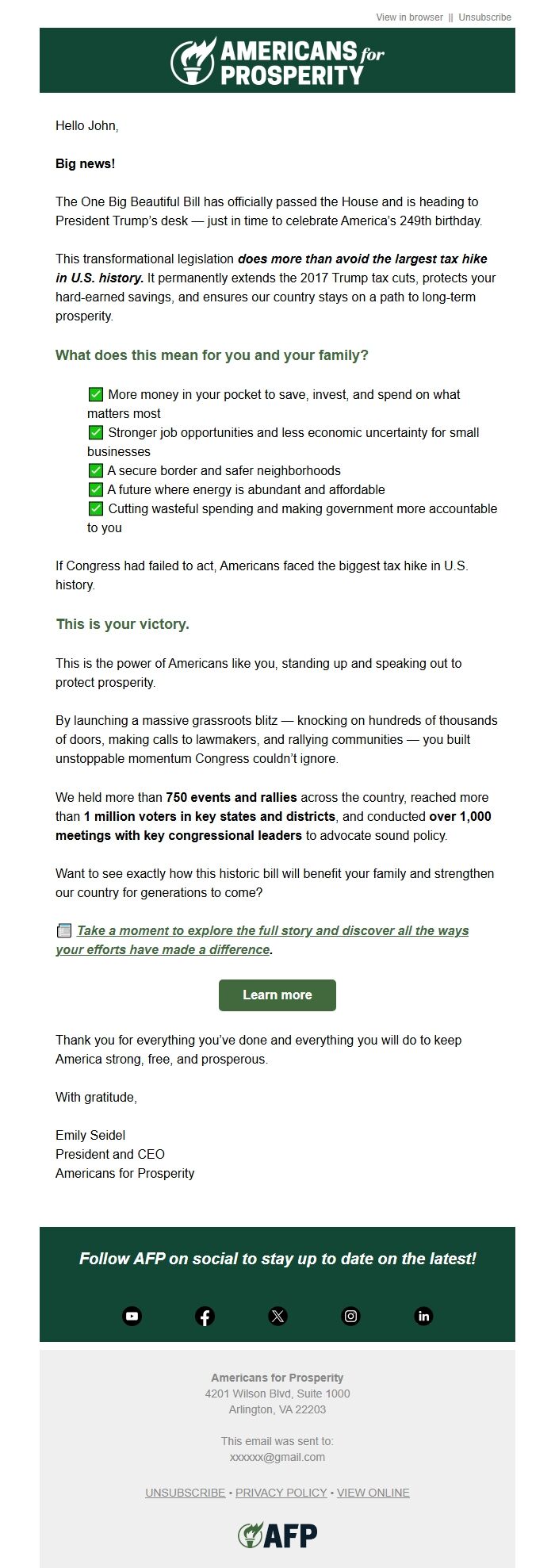 Screenshot of the email generated on import