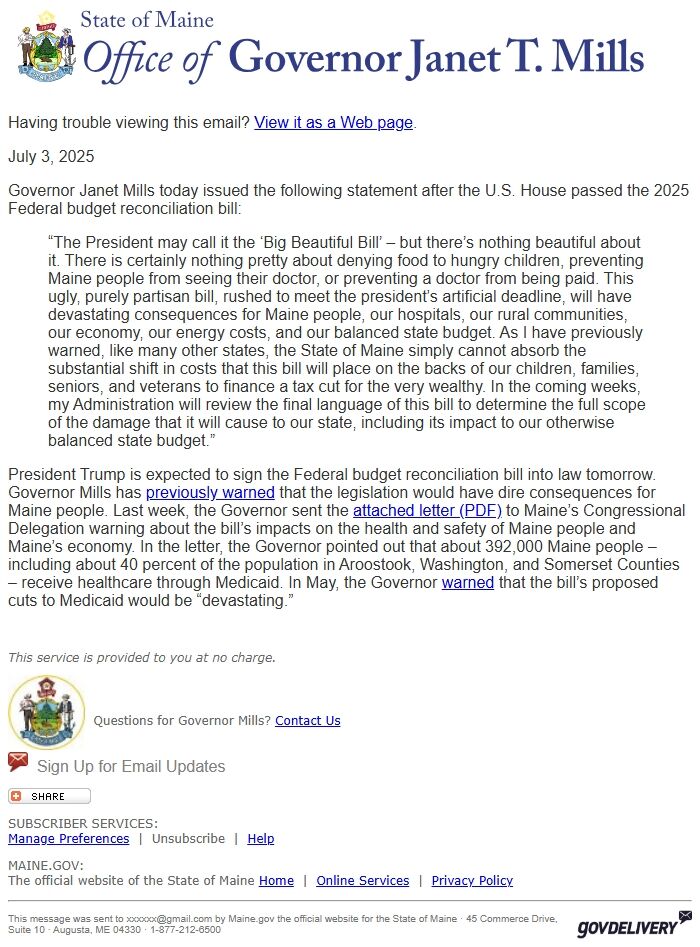 Screenshot of the email generated on import