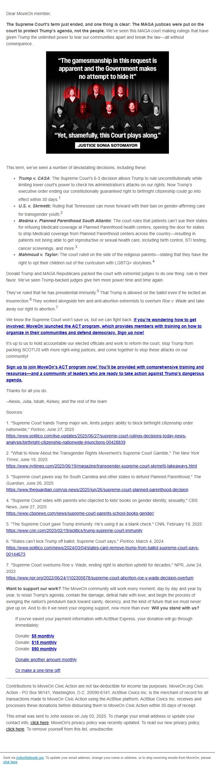 Screenshot of the email generated on import