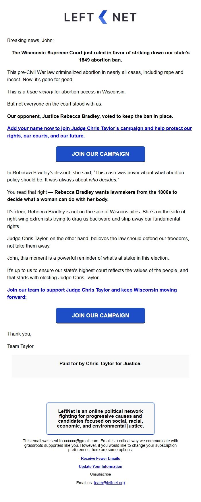 Screenshot of the email generated on import