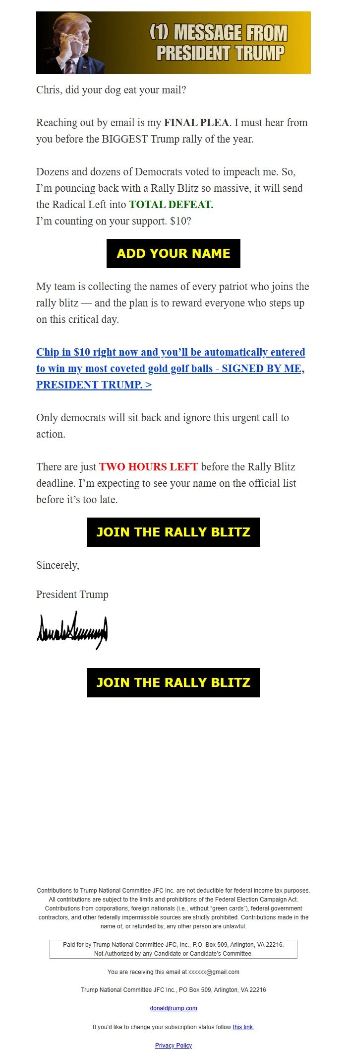 Screenshot of the email generated on import