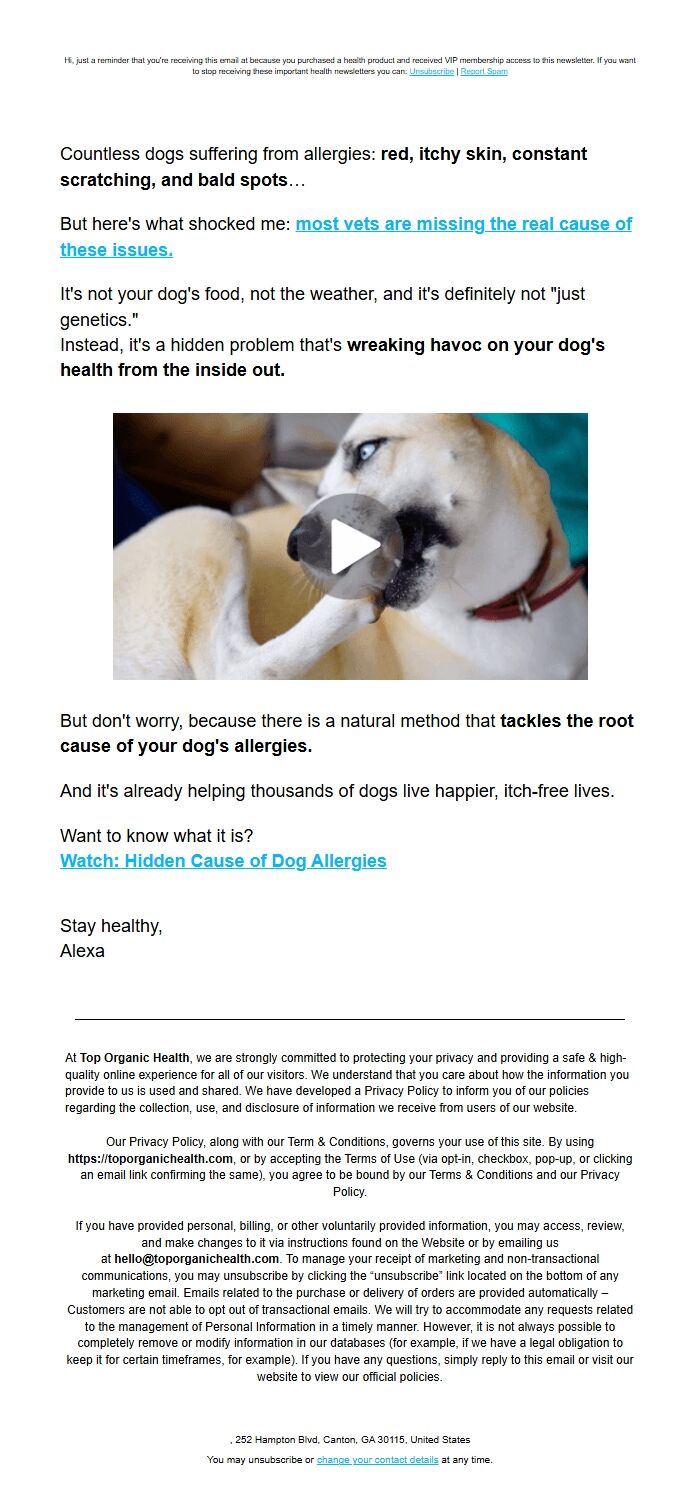 Screenshot of the email generated on import