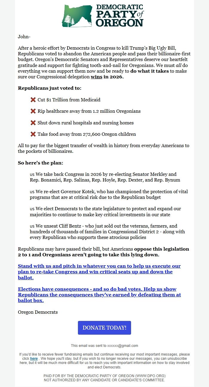 Screenshot of the email generated on import