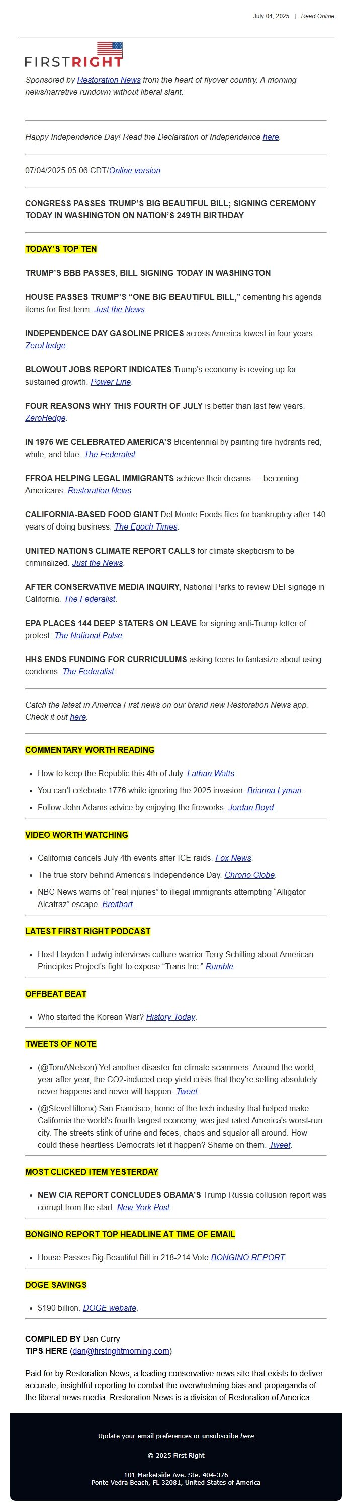 Screenshot of the email generated on import