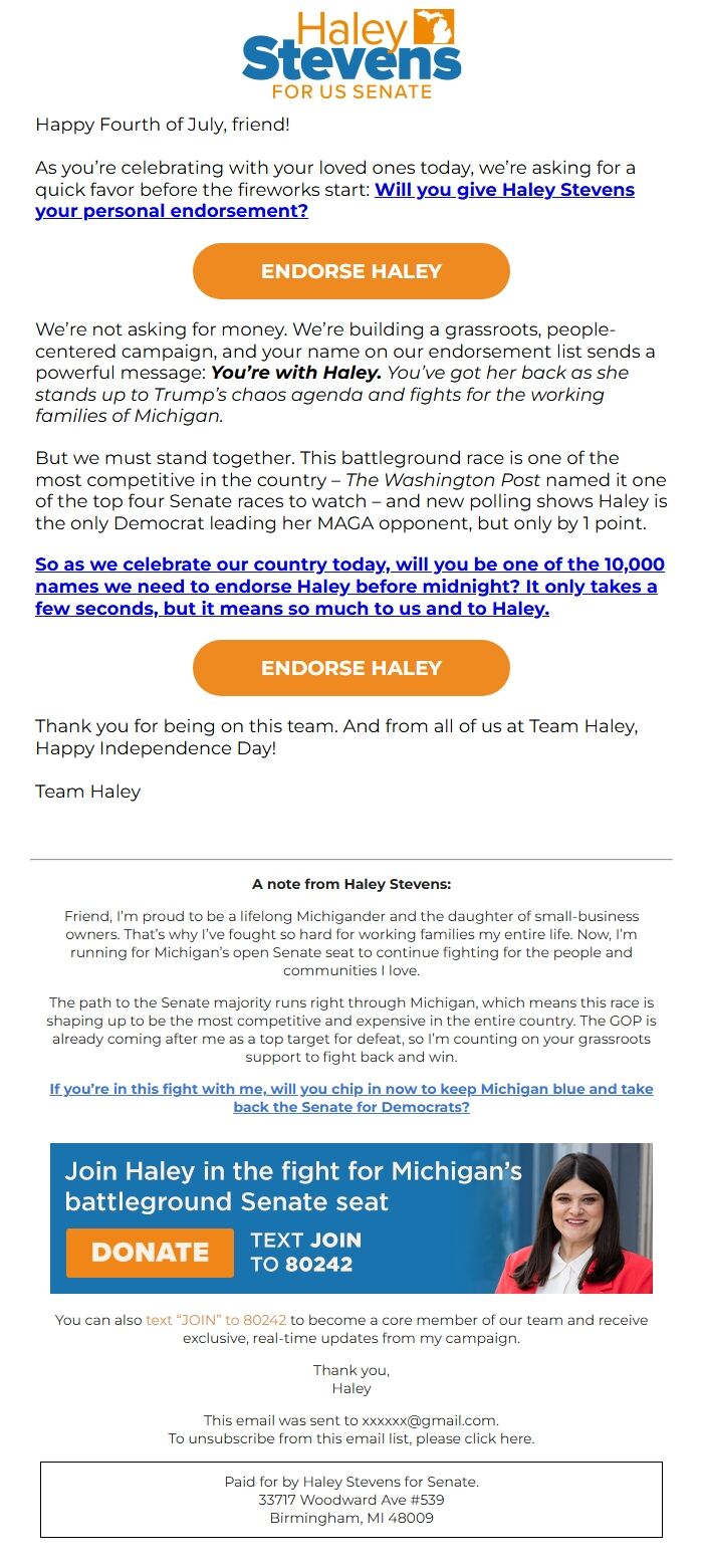 Screenshot of the email generated on import