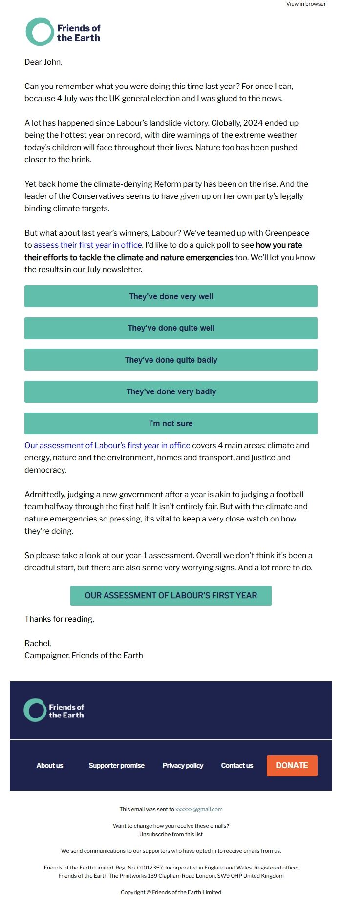 Screenshot of the email generated on import