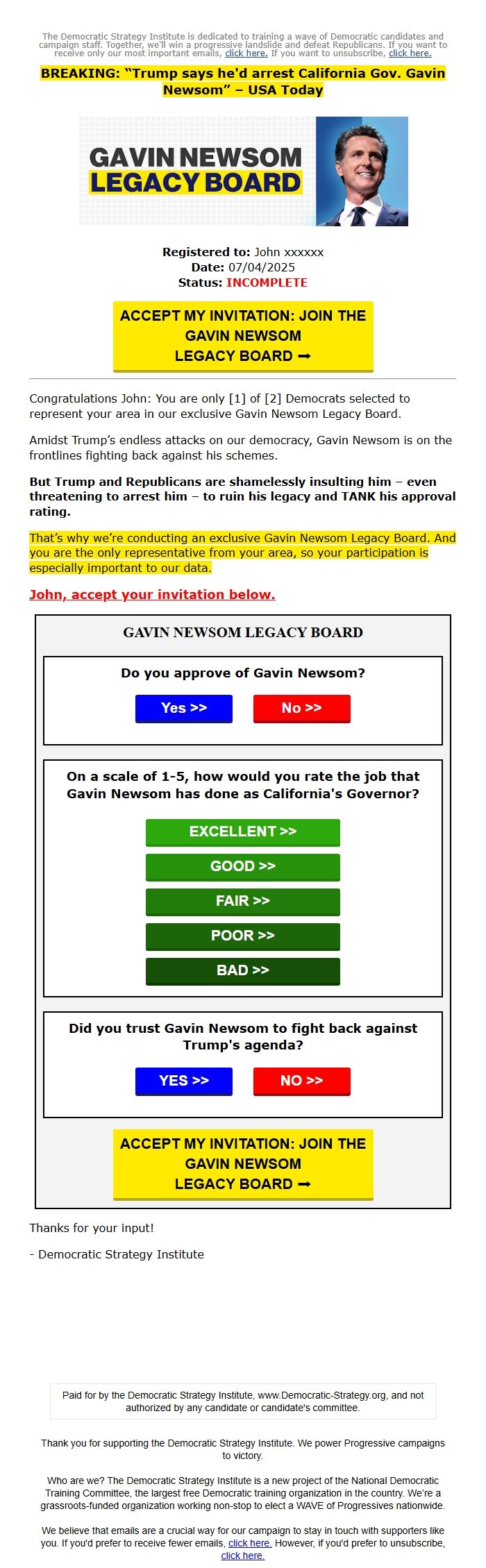 Screenshot of the email generated on import