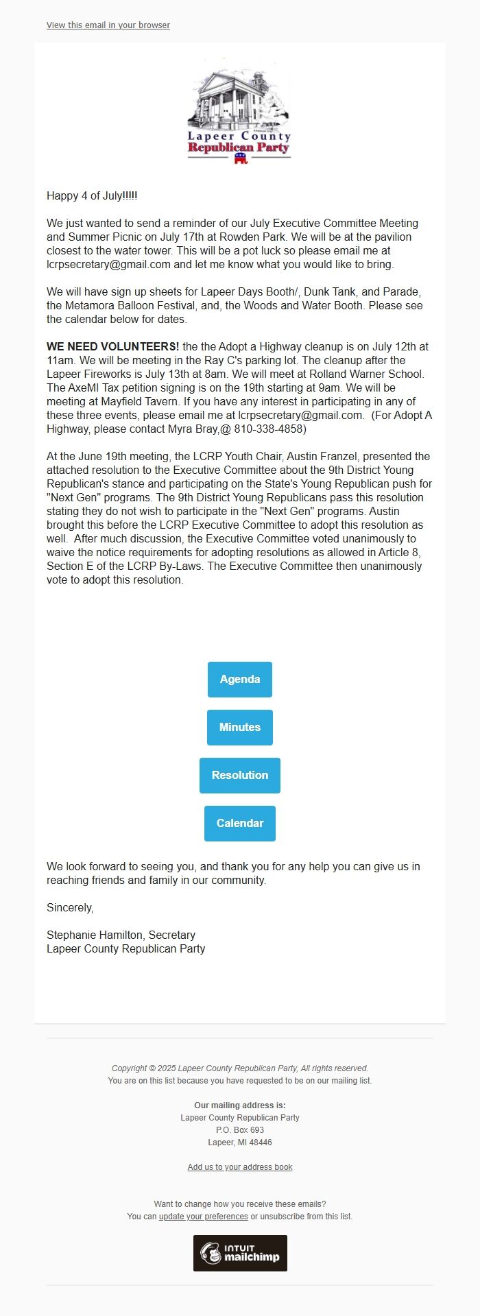 Screenshot of the email generated on import