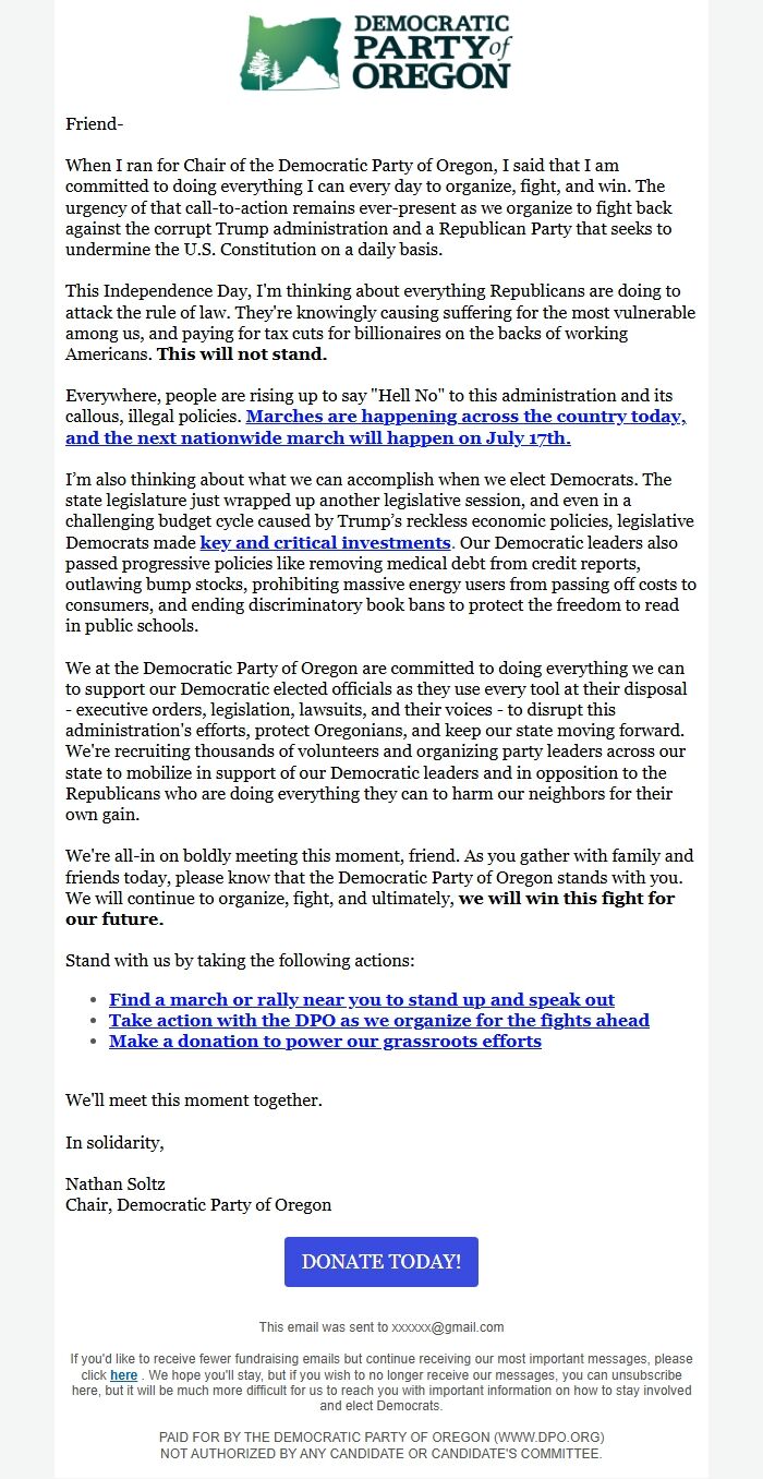 Screenshot of the email generated on import
