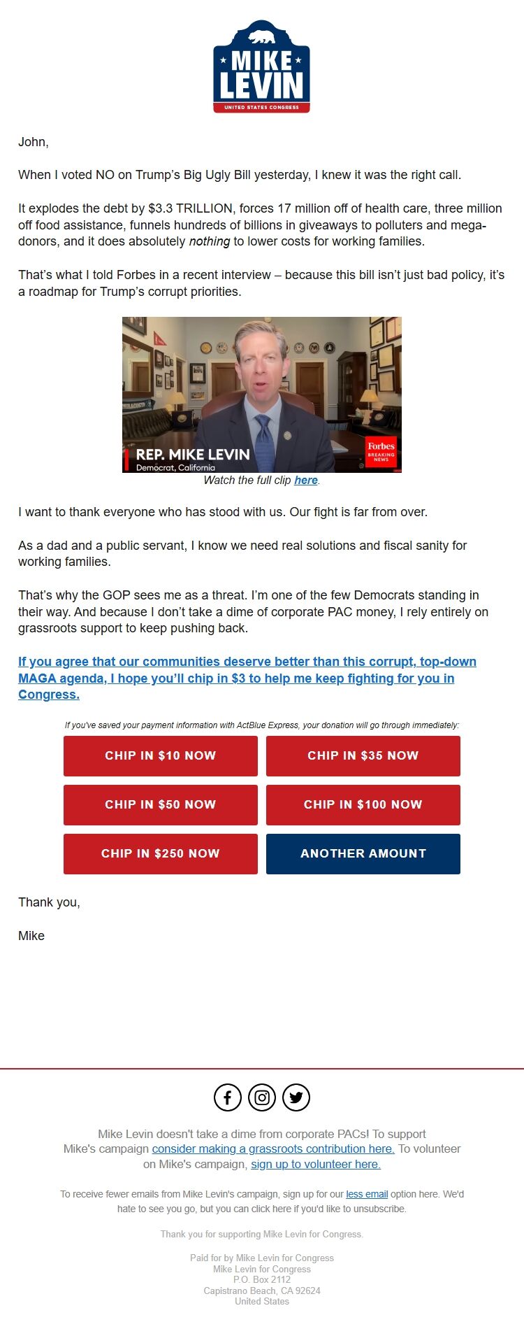 Screenshot of the email generated on import