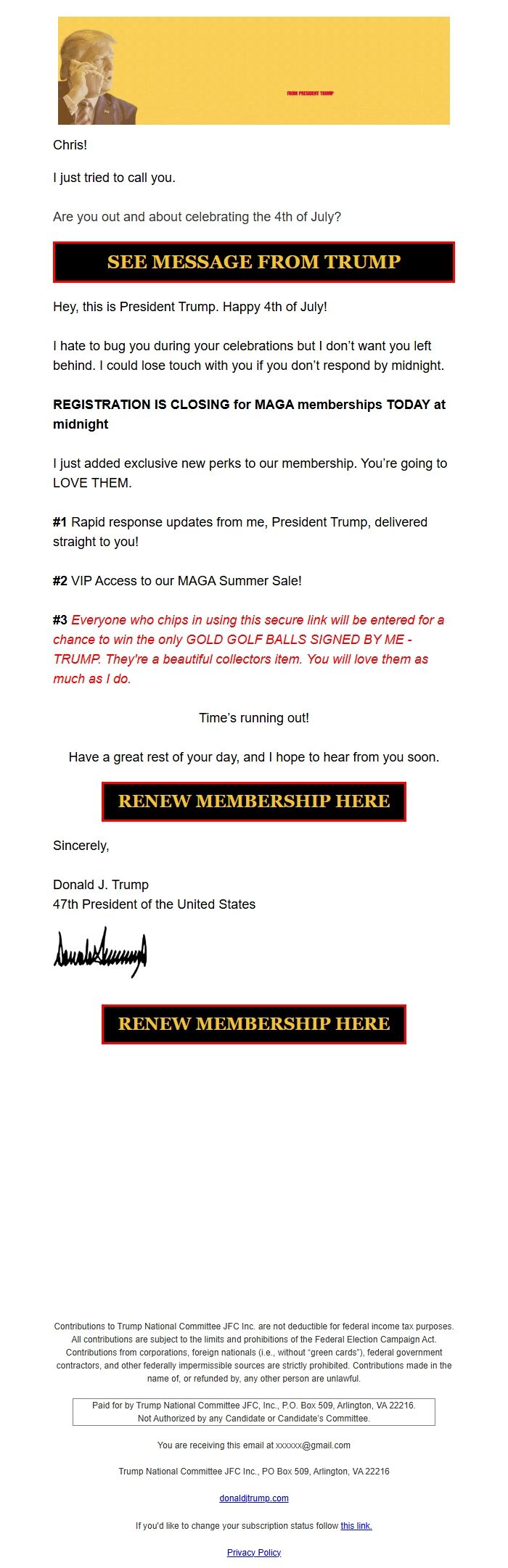 Screenshot of the email generated on import