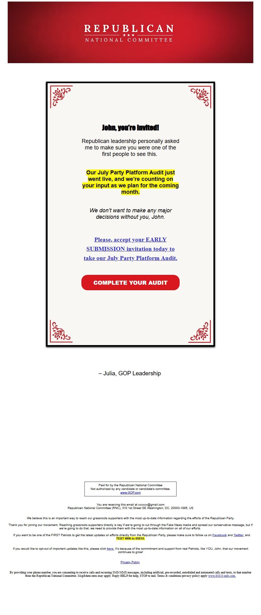 Screenshot of the email generated on import