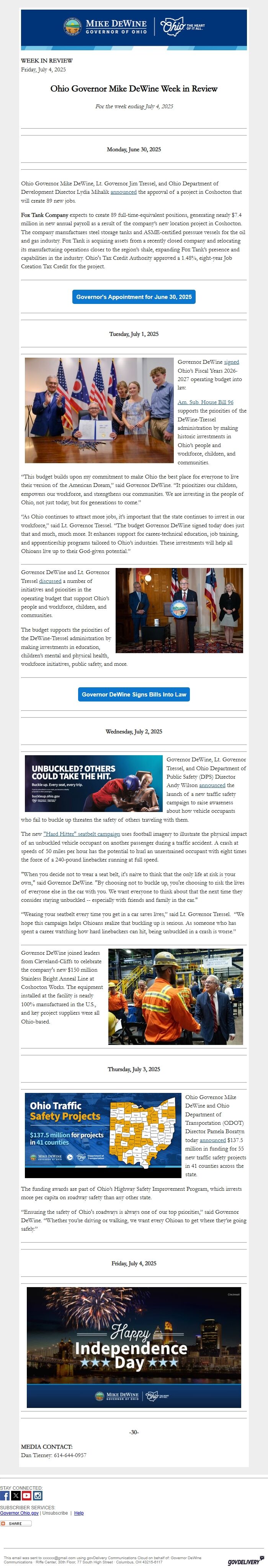 Screenshot of the email generated on import