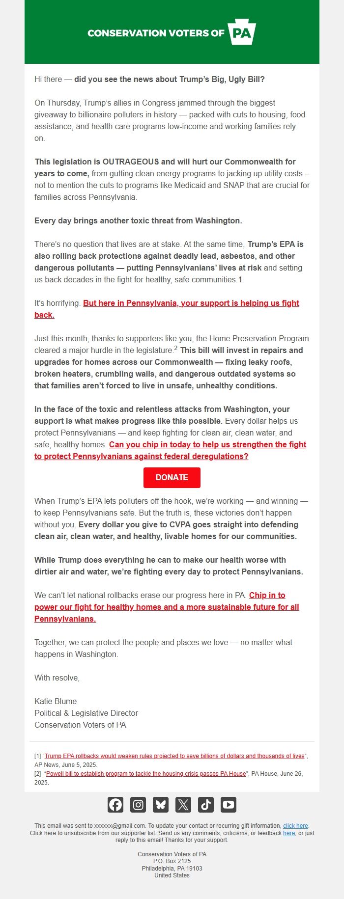 Screenshot of the email generated on import