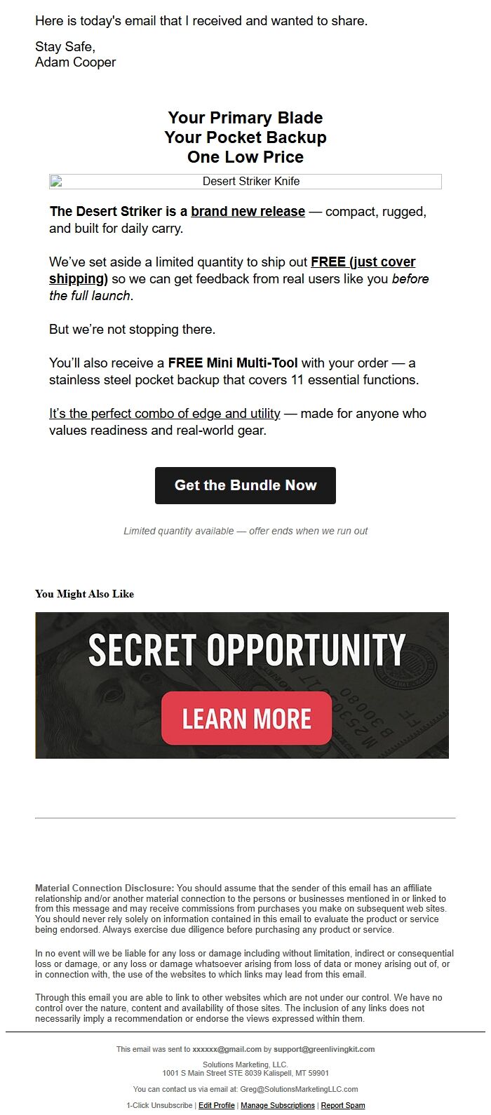 Screenshot of the email generated on import