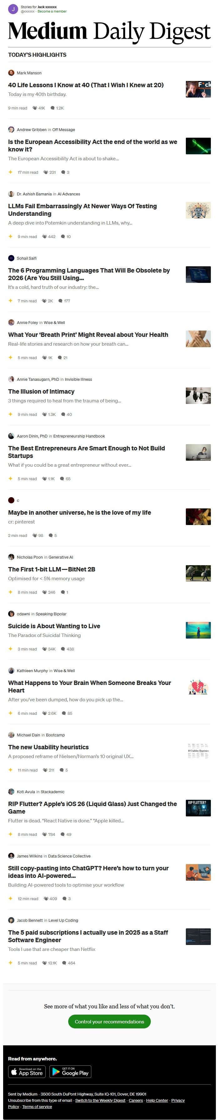 Screenshot of the email generated on import