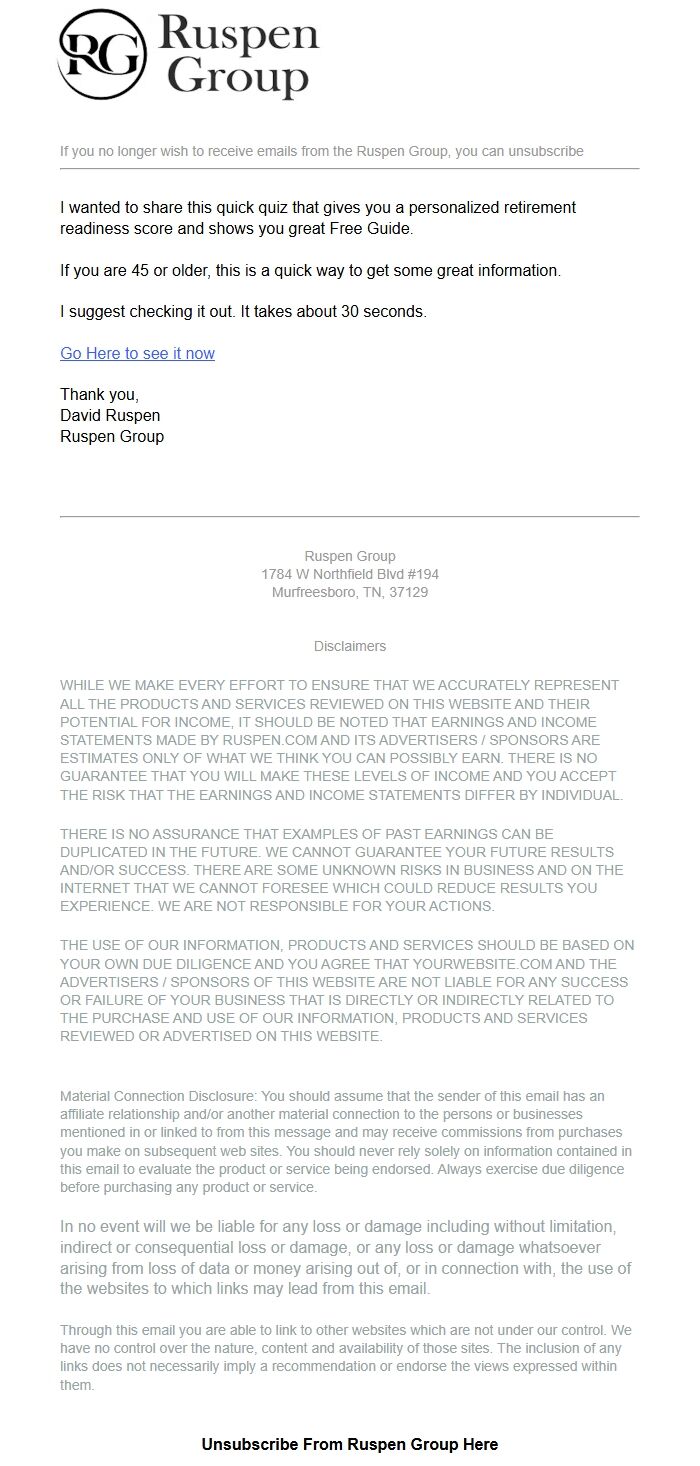 Screenshot of the email generated on import