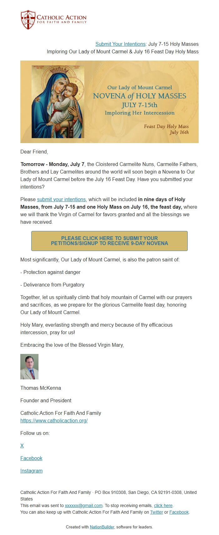 Screenshot of the email generated on import