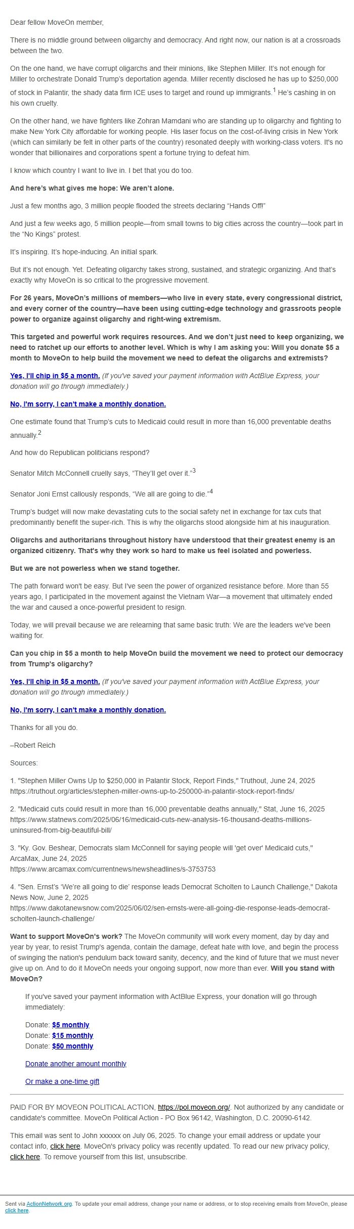 Screenshot of the email generated on import