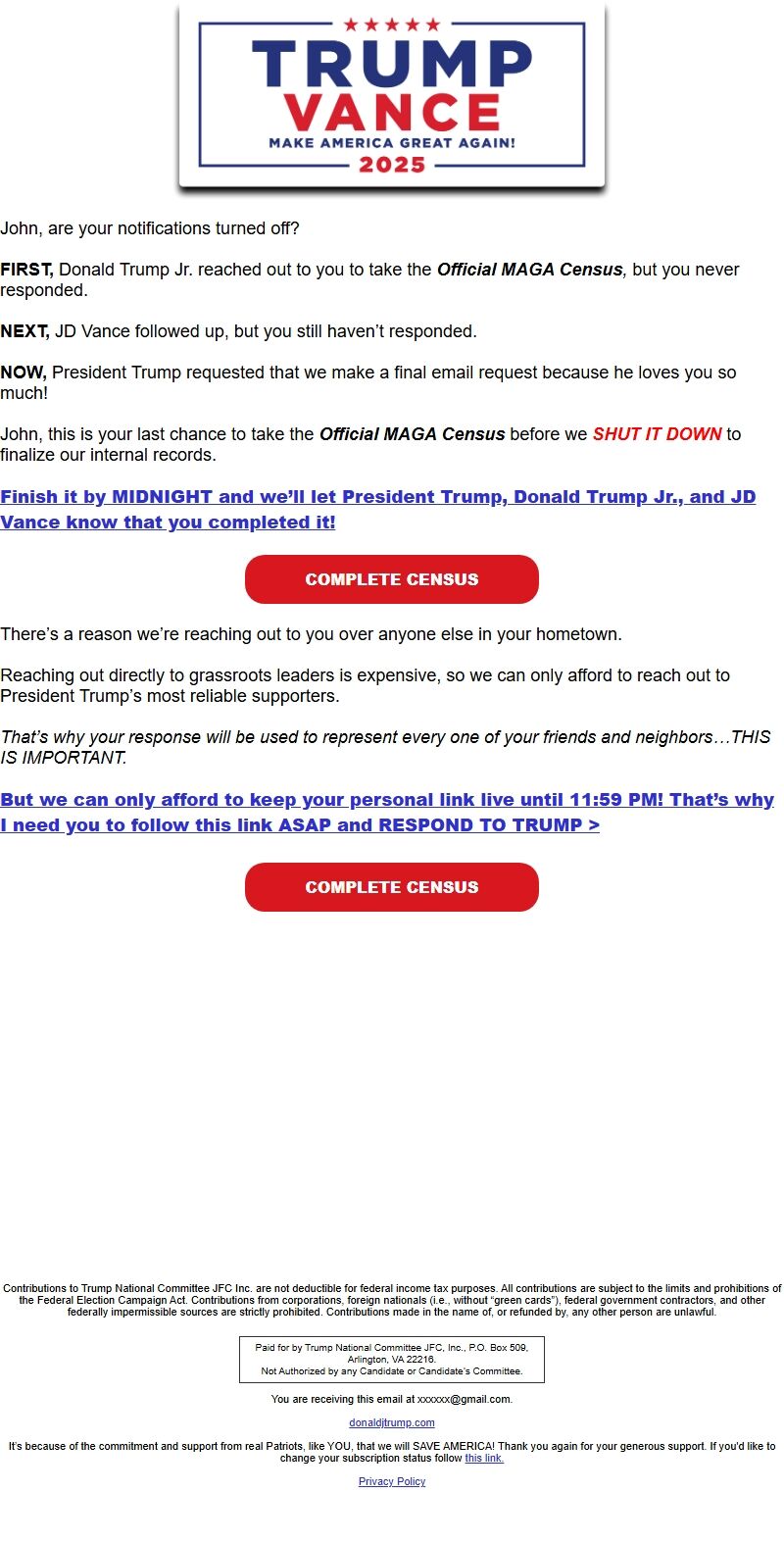 Screenshot of the email generated on import