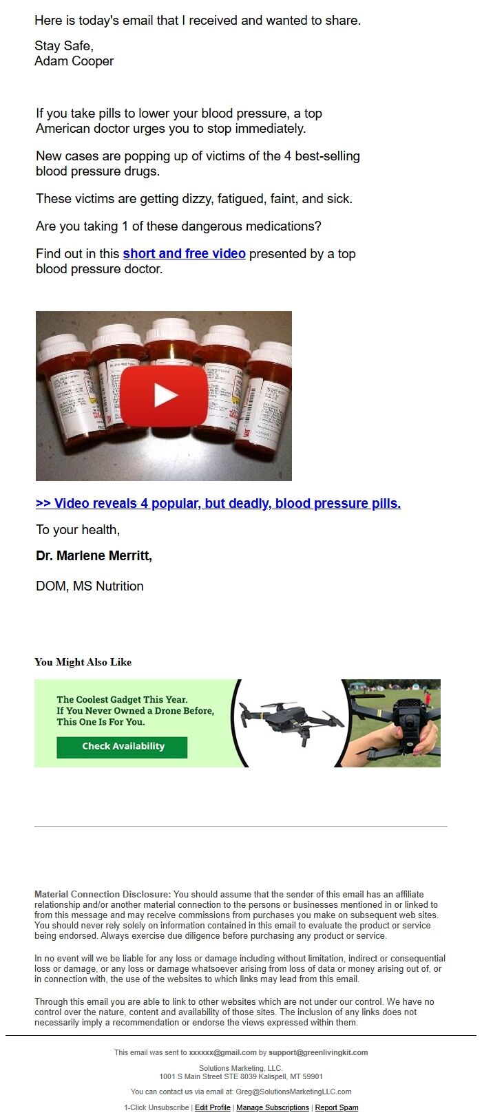 Screenshot of the email generated on import