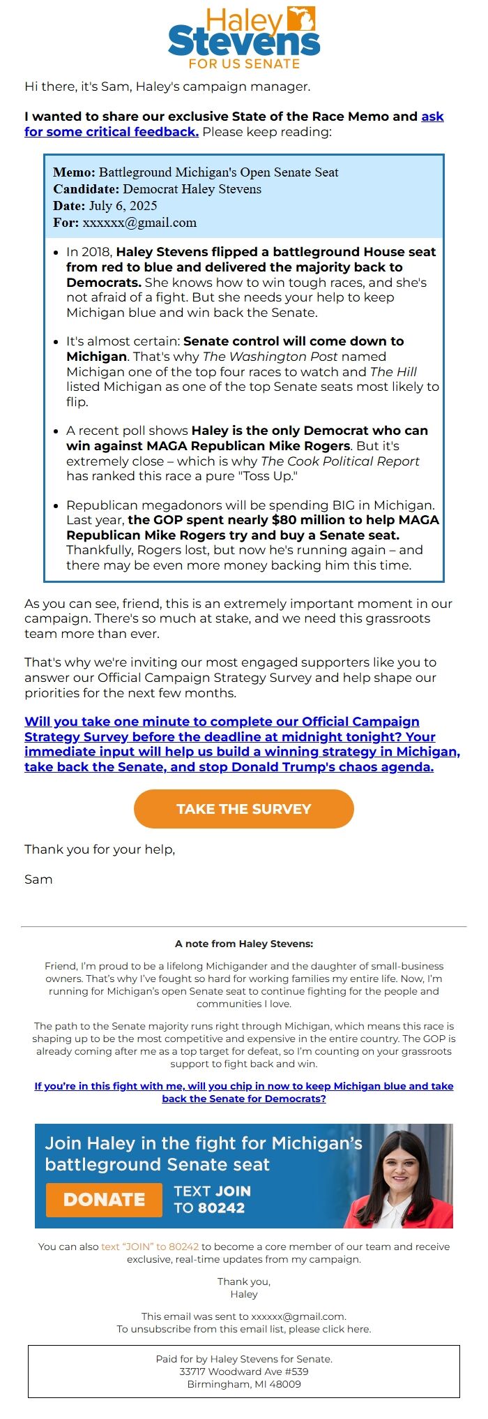 Screenshot of the email generated on import