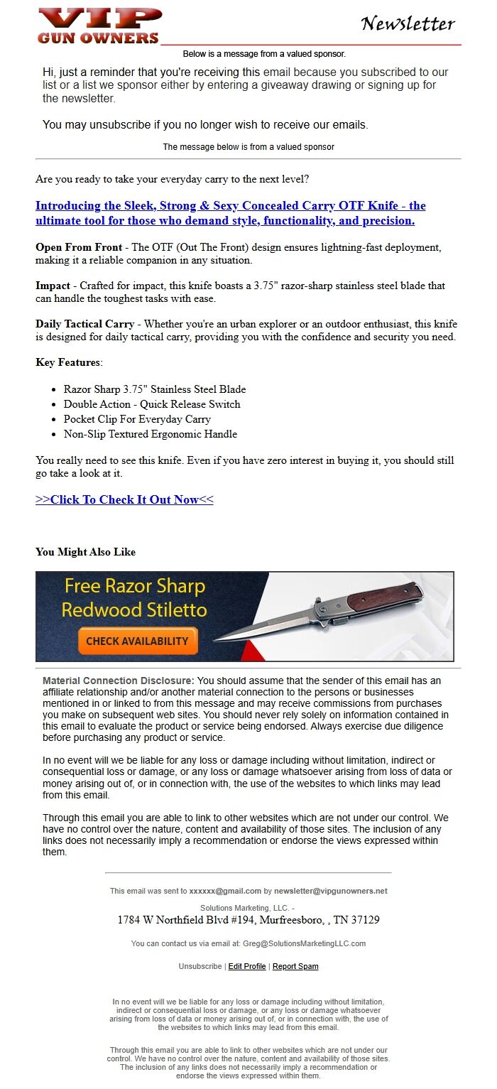 Screenshot of the email generated on import