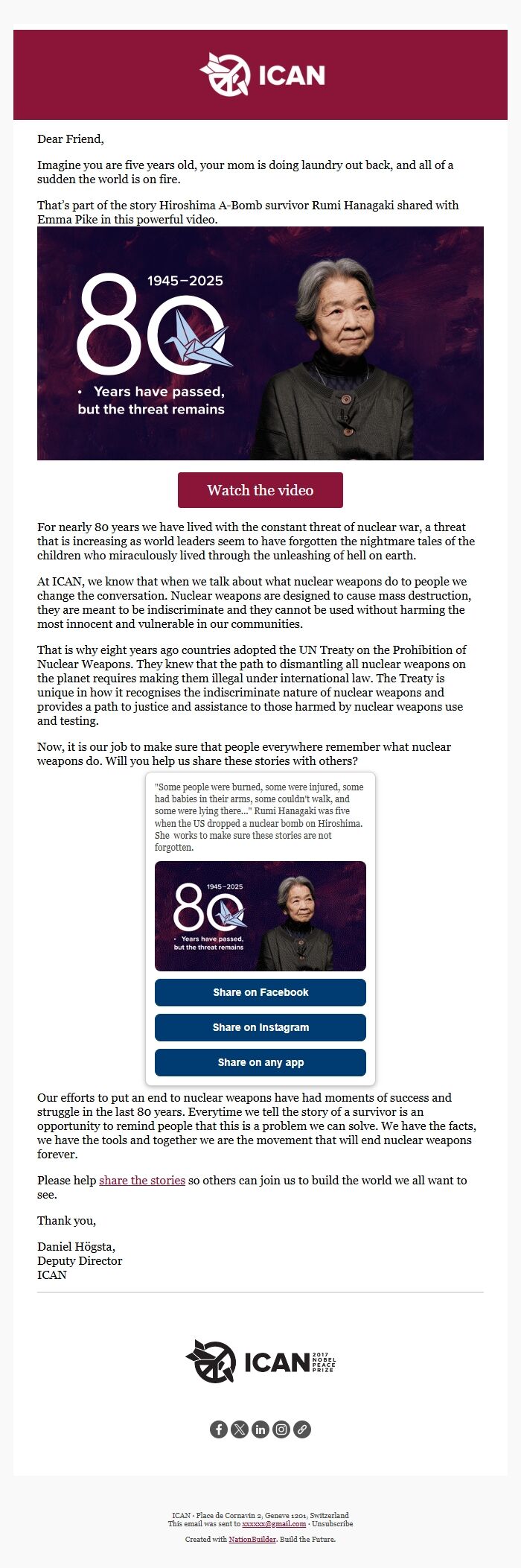 Screenshot of the email generated on import