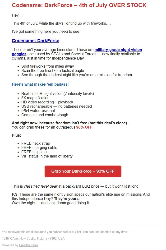 Screenshot of the email generated on import