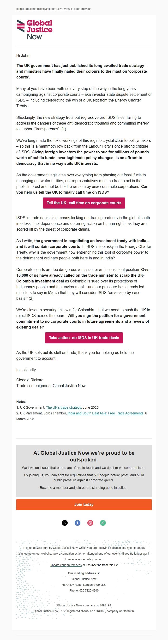 Screenshot of the email generated on import