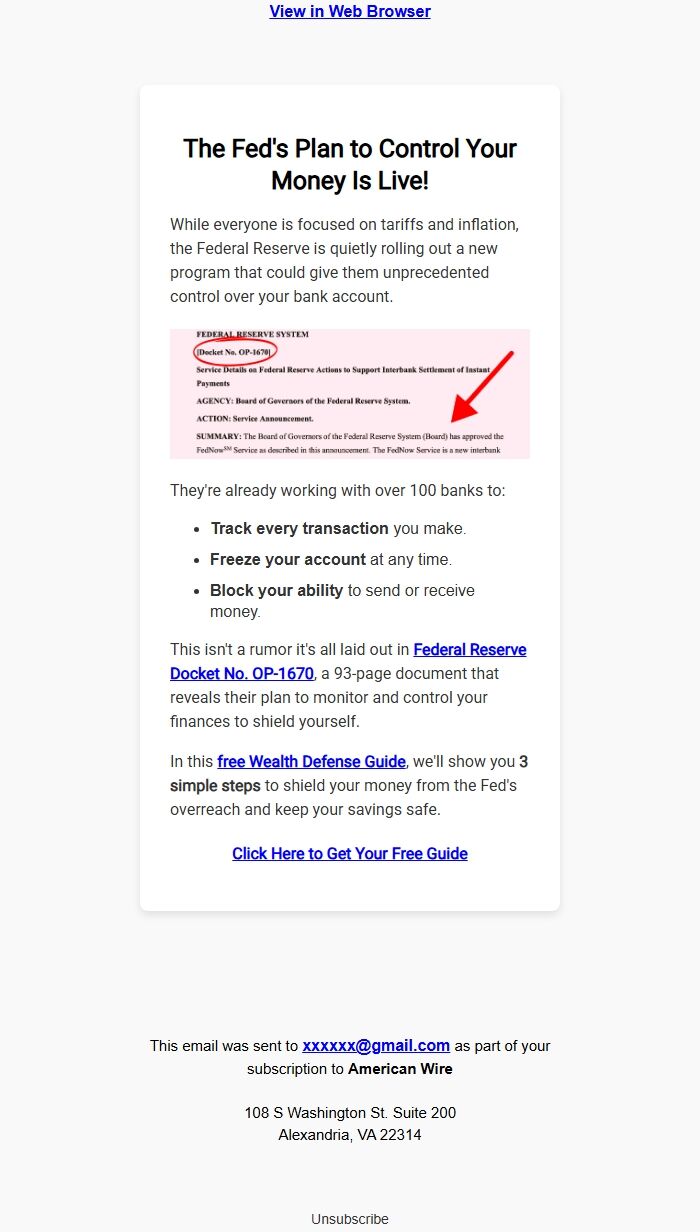 Screenshot of the email generated on import