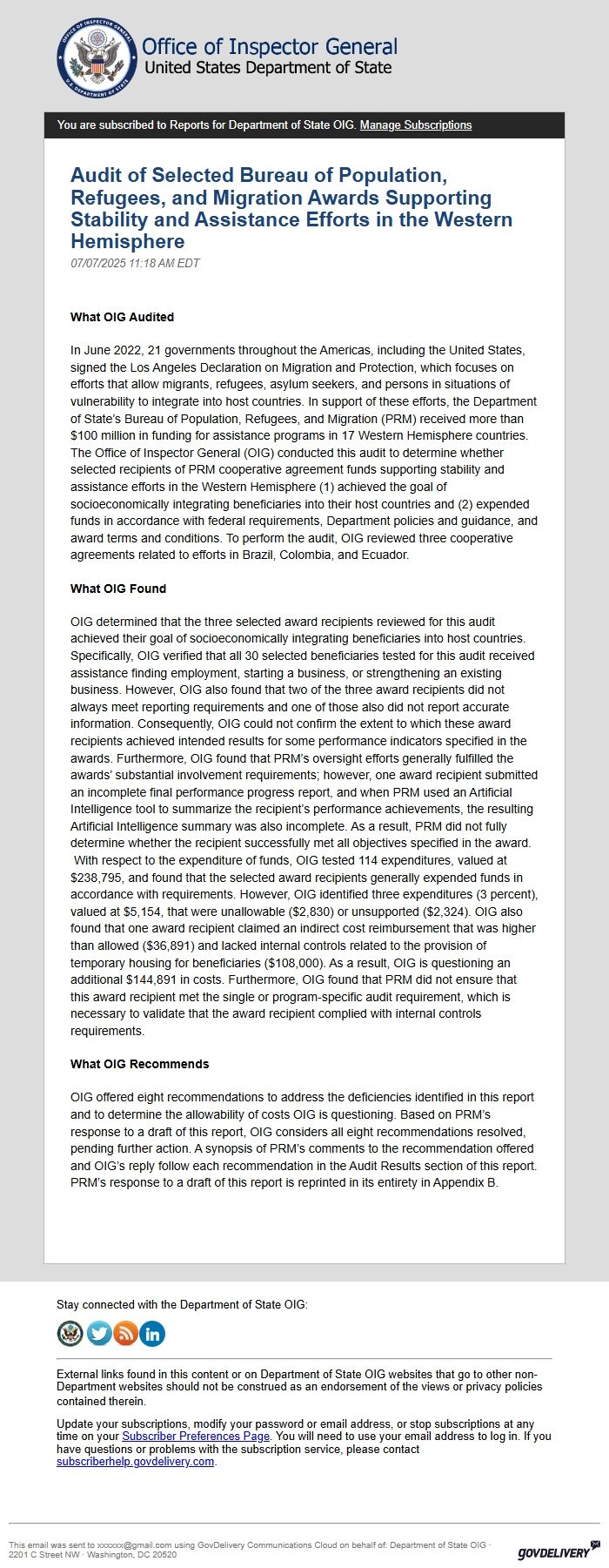 Screenshot of the email generated on import